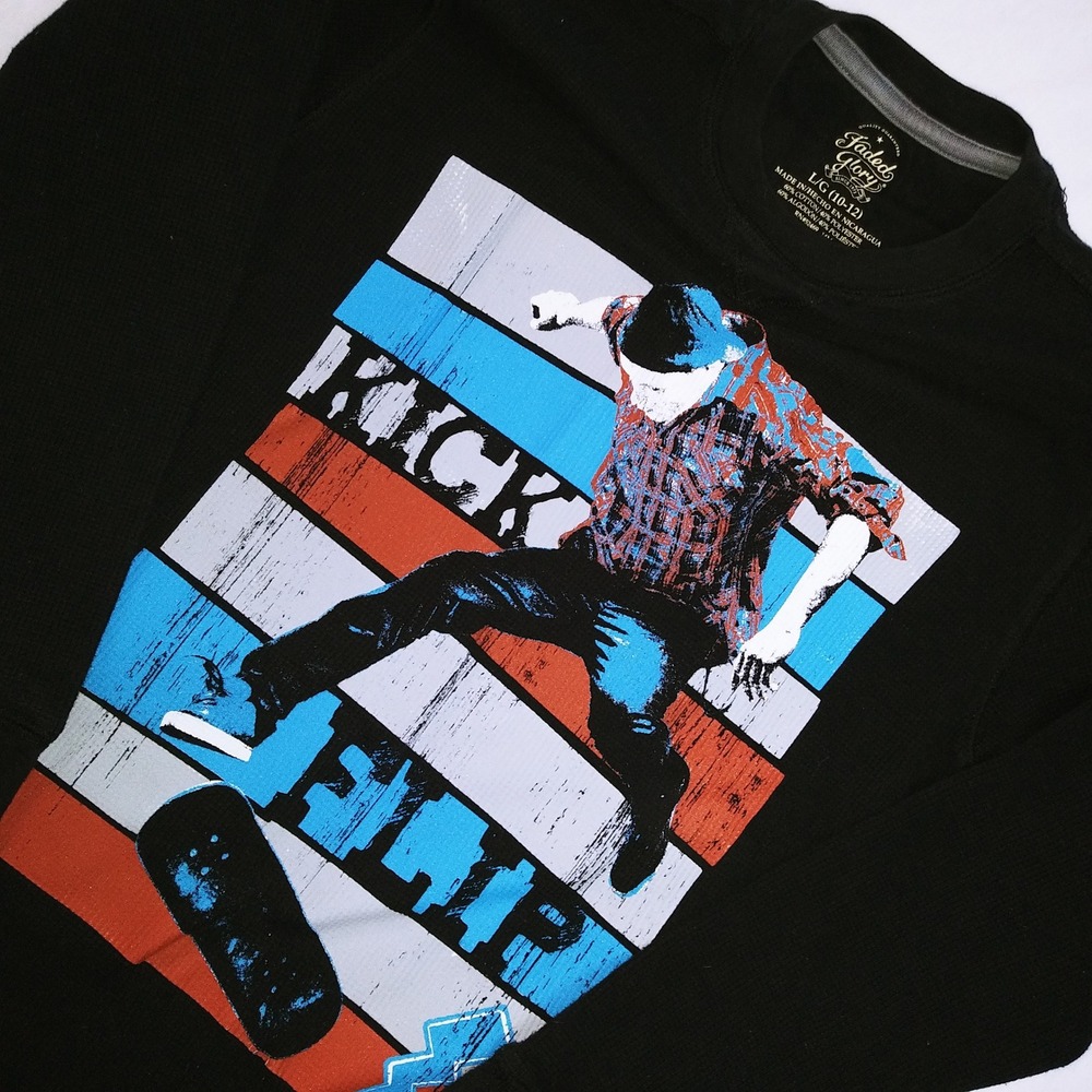 Kids Black Long Sleeve Thermal Shirt Skater Graphic Print Size L 10 12